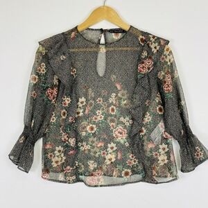 Zara‎ Womens XS Basic Black Gold Swirl Floral Ruffle Chiffon Sheer Blouse Shirt
